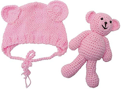 Newborn Baby Photo Shoot Props Boys Girls Crochet Knitted Hat Bear Hat Beanie with Bear Dolls Photography Props - color: Pink