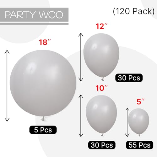 PartyWoo Gray Balloons 120pcs Different Sizes Pack of 18 12 10 5 Inch Matte Gray Latex Balloon Arch Kit Garland for Baby Shower Graduation Wedding Anniversary Birthday Party Decorations Gray-Y71 - color: Gray-y71
