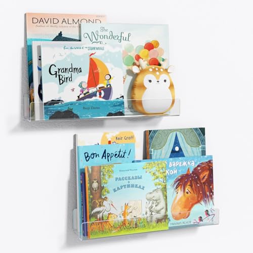 NIUBEE 16.5-Inch Acrylic Floating Bookshelves, 2-Pack, Clear Modern Wall Shelves for Child/Toddler， Invisible Ledge Book Shelves for Nursery/Kids Room/Playroom/Small Spaces. - size: 16.5inches
