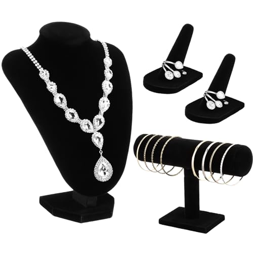 Wenqik 4 Pcs Velvet Jewelry Display Set Velvet Necklace Bust Holder Bracelet Organizer 2 Ring Finger Jewelry Holder - color: Black