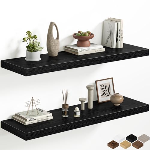 Fun Memories 40 Inch Floating Shelves, 12 Inch Deep Wall Shelves, 40 x 12 Floating Shelf Set of 2, Black Wood Floating Shelf Wall Mounted, Large Kitchen Living Room Bedroom Bathroom Storage Shelves - color: Black, size: 40 Inch, Set of 2
