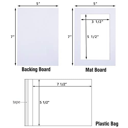 Falling in Art Acid Free 5 Pack 5x7 Pre-Cut Mat Board Show Kit for 4x6 Photos, Prints or Artworks, 5 Core Bevel Cut Matts and 5 Backing Boards and 5 Crystal Plastic Bags, White - size: 5x7-5 Pack