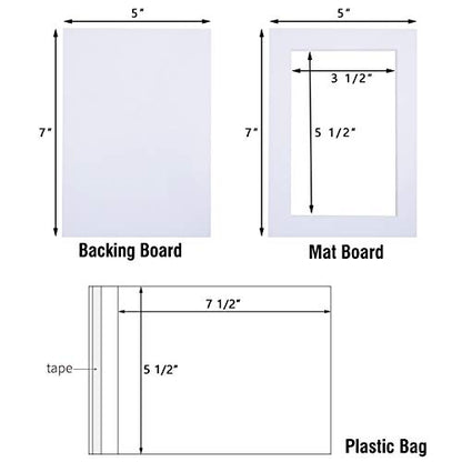 Falling in Art Acid Free 5 Pack 5x7 Pre-Cut Mat Board Show Kit for 4x6 Photos, Prints or Artworks, 5 Core Bevel Cut Matts and 5 Backing Boards and 5 Crystal Plastic Bags, White - size: 5x7-5 Pack