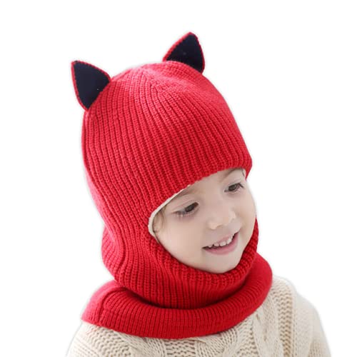 Kids Winter Plus Velvet Thickened face Protection Scarf Cute Beanie Cap Skull Caps Winter Soft Warm Knit Caps - color: Hat3-red