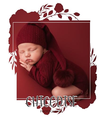 Newborn Photography Props, Infant Photoshoot Outfit Romper & Pom Pom Hat for Baby Boys Girls - color: Wine Red