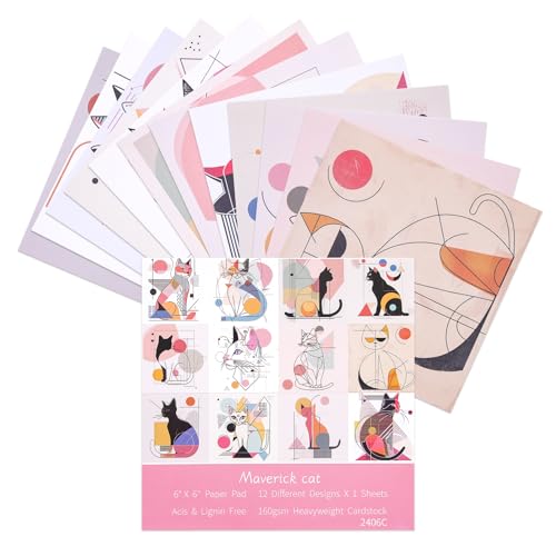 12 Sheets Scrapbook Paper Pads, 12 Designs 6"x6" Single Sides Patterned CardStock Papers, 160gsm Decorative Background Craft Paper, Scrapbooking Pad for Card Making DIY Projects (Maverick cat) - color: Maverick cat