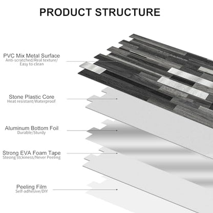 Black Mixed Silver Peel and Stick Modern Geometric PVC Kitchen Wall Backsplash, 20 Sheets, 9.4 sq ft Coverage - color: Black Mixed Silver