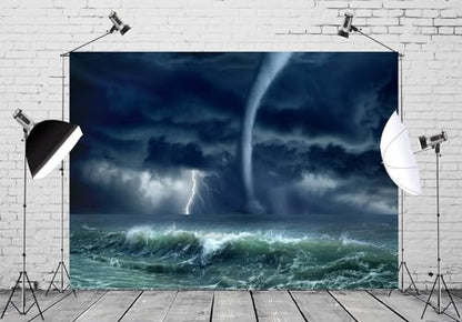12x10ft Fabric Hurricane in The Ocean Photography Backdrop Lighting Storm and Grey Sky Background Horror Disaster Scenery Decorations Halloween Themed Party Photoshoot Booth Studio Props - size: 12x10FT