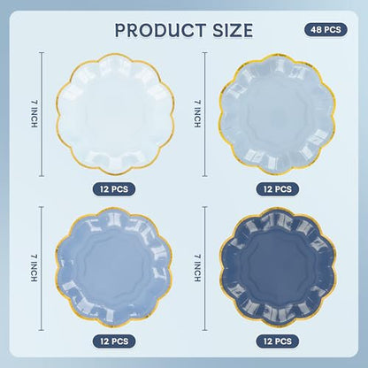 AimFun 48 Pcs Dusty Blue Party Plates Gradient Blue Dessert Paper Plates 7inch Gold Foil Scalloped Edge Disposable Cake Plates for Tea Party Birthday Bridal Baby Shower Wedding Party Supplies - color: Dusty Blue