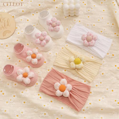 CÉLLOT Baby Girl Headband and Socks, Non-Slip Floral Socks and Soft Floral Nylon Hairbands for Babies Infants and Toddlers（dot） - color: White+Beige+Pink（Socks）