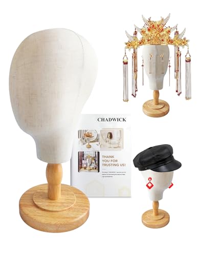 CHADWICK Canvas Wig Head Stand with Detachable Wood Stand - Great for Hats, Caps Display and Wig Making, 21Inch Mannequin Head Block, Dome Model Head, Helmet Jewelry Glasses Headband Display, Beige