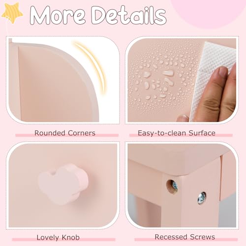 Costzon Kids Vanity, Girls Vanity Set with Lighted Mirror, Bookshelf, Drawer, Storage Cabinet & Shelves, Toddler Makeup Vanity Desk Dressing Table, Wooden Kids Vanity Table and Chair Set (Pink) - style: Pink with Bookshelf