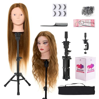 Mannequin Head 80% Human Hair with Tripod Stand,28 Inch Make up Cosmetology Manikin Practice Doll Head,Braiding Hairdressing Head with Table Clamp + DIY Hair Styling Set - color: Blonde#27