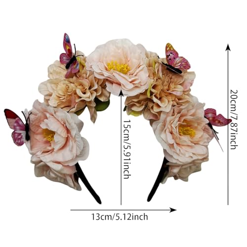 Elegant Butterfly Flower Headband for Women Boho Handmade Rose Floral Crown Wedding Bridal Festivals Cosplay Prom Photo Props Headpiece (B4 pink, Adjustable) - color: B4 pink