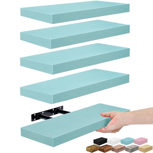 Sorbus Floating Shelves for Wall – 16 Inch Floating Shelf for Kitchen, Bedroom, Living Room, Bathroom, Home & Wall Decor - Mounted Bathroom Shelves with Invisible Brackets (Breezy Blue, 5 Pack) - color: Breezy Blue, size: 5 Pack