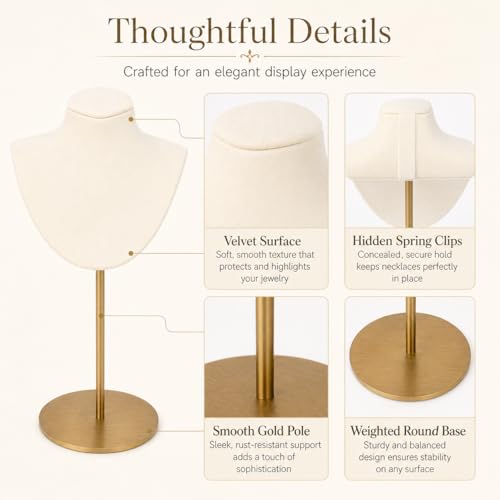 Necklace Display Stand For Selling Velvet Chain Jewelry Bust Holder Organizer With Stainless Steel Stand Jewelry Display - color: Beige-White-9.84in