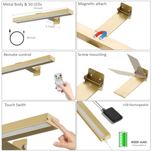 MIOBLUE Rechargeable Picture Lights with Remote, 16" Battery Operated Painting Light Display Lamp with 3 Lighting Modes, Dimmable Dartboard Light with Timer for Frame Portrait Art, Metal Body - color: Gold, size: 16inch