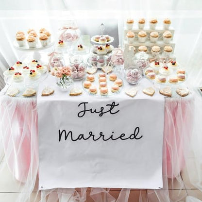 Oudain 29x39 Inch Just Married Burlap Banner, Wedding Fabric Backdrop with Ribbons and Hooks, Rustic Boho Photo Props Sign for Wedding Marriage Party Indoor Outdoor Wall Hanging Decoration - size: 29x59 Inch, style: Just Married