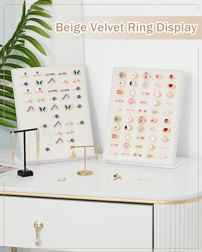 Henoyso 4 Pcs Velvet Ring Display 50 Slots L-Shaped Ring Display Stand Tray Holder for Selling Earring Jewelry - color: Beige