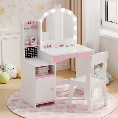 Girls Vanity Table and Chair Set, Kids Vanity with Jewelry Organizer for Princess, Toddler Makeup Vanity Desk with Open Shelf, Closed Cabinet and Butterfly Pattern, White - color: White