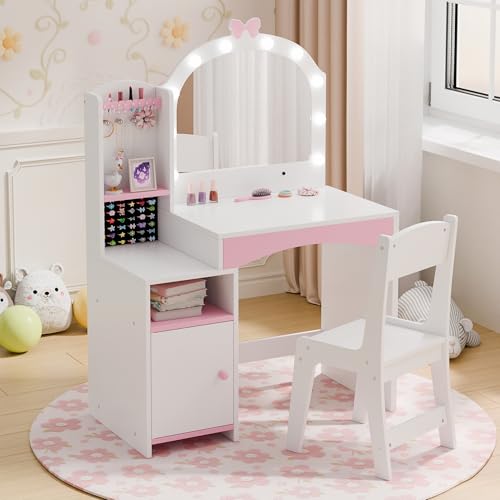 Girls Vanity Table and Chair Set, Kids Vanity with Jewelry Organizer for Princess, Toddler Makeup Vanity Desk with Open Shelf, Closed Cabinet and Butterfly Pattern, White - color: White