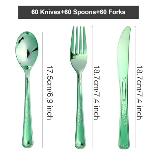 180 Pack Disposable Green Plastic Silverware Contain 60 Forks,60 Spoons,60 Knives, Solid and Durable Plastic Cutlery Utensils Set Perfect for Parties,weddings. - color: Green