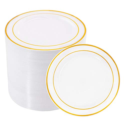 bUCLA 100Pieces Gold Plastic Plates - 6.25inch White with Gold Rim Disposable Salad/Dessert/Appetizer/Small Cake Plates Premium Hard - Ideal for Wedding, Party - color: 6.25Inch-100pcs-Gold
