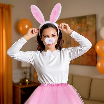 hoyuwak 5Pcs Easter Bunny Costume Set Includes Rabbit Ear Headband Nose Pink Tutu Skirt Bow Tie and Tail for Women Cosplay