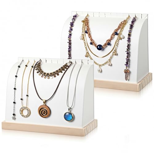 2 Pack Cambered Wooden Necklace Display Stand, Soft Mat Necklace Holder Tabletop Jewelry Display Storage Holder for Necklaces Pendant (White, PU Leather)