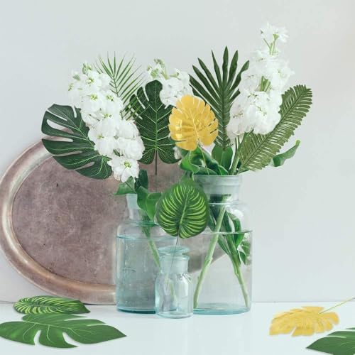 50Pieces 6Kinds Artificial Tropical Palm Leaves with Stems Golden Faux Plant Leaves for Easter Hawaiian Luau Jungle Beach Safari Jungle Wedding Birthday Party Theme Table Decorations - color: 50pcs Stemmed