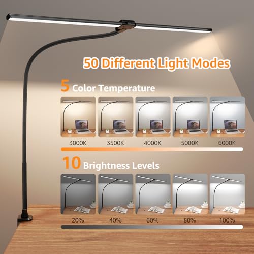 ShineTech LED Desk Lamp for Home Office, Ultra Bright Clamp Light with Flexible Gooseneck, 25 Lighting Modes, Eye-Caring Architect Lamp for Dual Monitors, Reading & Gaming Setup - color: 5CCT in One (3000K/3500K/4000K/5000K/6000K)
