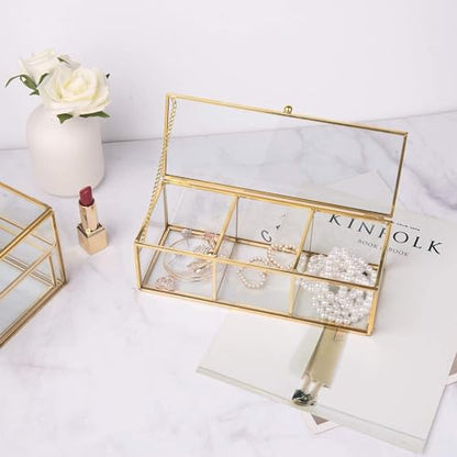 Feyarl Gold Glass Tea Bags Box Sea Shell Display Organizer Cosmetics Countertop Canister Box Jar Storage Glass Jewelry Trinket Ring Earring Box Container for Girl Women Gift