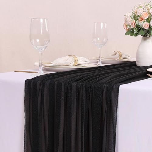 10FT Black Chiffon Table Runner 30x120 Inches Boho Rustic Sheer Halloween Table Runner for Wedding Birthday Party Decor Bridal Shower Decorations - color: Black, size: 10FT × 1pc