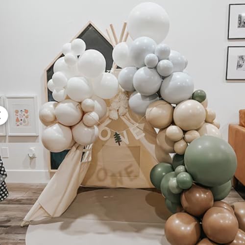Sage Green Blue Brown Balloons, 60PCS Dinosaur Safari Dusty Blue Olive Green Coffee Beige Eucalyptus Latex Balloon Jungle Hunting Balloons for Woodland Dino Boho Baby Shower Birthday Party Decorations - color: Blue Green Brown
