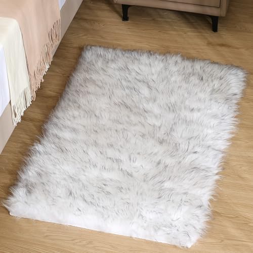 Goolela Faux Sheepskin Fur Rug Fluffy Fuzzy Furry Rug for Bedroom Dorm 2x3 Bedside White with Grey Tips Living Room Decor Small Plush Carpet Shaggy Washable Rectangle - color: White and Grey Tips, size: 2' x 3' (Rectangular)