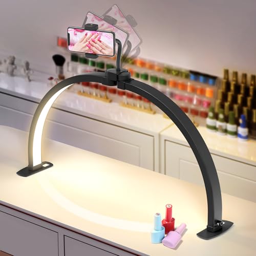 Yokilly Half Moon Light for Nail Desk: 29" Foldable Half Moon Nail Desk Lamp with Phone Holder for Beginner - Arch Tech Light with 3 Color Modes & 10 Brightness for Manicure Salon (Black, Large) - color: Black, size: Large