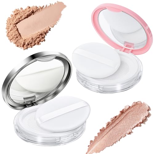 Tokusatsu 2-Pack Refillable Loose Powder Container with Puff & Mirror - 0.17 oz Travel Portable Empty Makeup Compact with Mesh for Women Girls (Pink, Silver) - color: Pink, Silver
