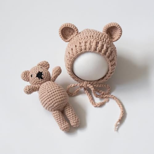 Zeroest Newborn Baby Boy Girl Photography Props Bear Hat Outfits Crochet Kint Handmade Cap Set for Newborn Photo Shoot - color: Light Camel