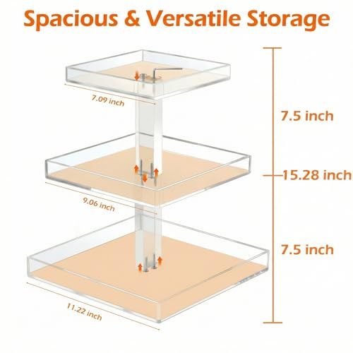 YAGELI 3-Tier Perfume Organizer Stand for Vanity - Large Clear Acrylic Display & Storage for Bathroom Countertop, Dresser | Makeup, Jewelry Holder with Non-Slip Base - size: 11.2" x 11.2" x 15.3"
