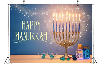 BELECO 8x6ft Fabric Happy Hanukkah Photography Backdrop Menorah Glitter Bokeh Lights Gyro Chanukah Holiday Decorations Banner Background Jewish Holy Festival Israel Party Supplies Studio Photo Props - size: 8x6FT