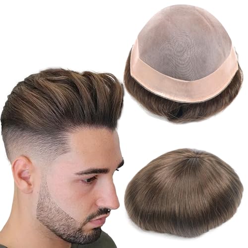 Mens Hair Piece Toupee for Men Replacement Unit Real Mono Lace Brown Color 4# Toupee Human Hair 7x9 Inch 6 Inch Length System Human Hair Durable Base For Thinning European Hair Units - color: 4# brown - Mono NPU, size: 7x9 Inch