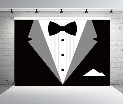 BELECO 8x6ft Fabric Gentleman Tuxedo Backdrop Black and White Bow Tie Suit Background Luxury Birthday Dinner Party Decor Banner Boy Men Father Bridegroom Photoshoot Studio Booth Props - size: 8x6FT