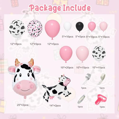 Amandir 115PCS Pink Cow Party Decorations - Balloon Garland Arch Kit with Cow Print Balloons, Happy Birthday Banner, Cake Topper for Girl Baby Shower, Farm Animals Themed Birthday Party Supplies