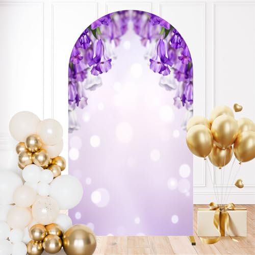 7.2FT Wedding Arch Backdrop Cover Purple Flower Bokeh Blur Themed Purple Flowers Bell Shaped Blooms Soft Spandex Fitted Round Top Backdrop Stand Cover for Ceremony Banquet Birthday Party Decoration - color: Color5, size: 7.2FT x 4FT