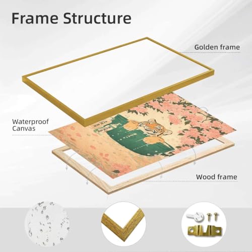 Framed Relaxed Tiger Bath Poster Canvas Print Vintage Japanese Aesthetic Wall Art Funny Painting Pictures Wall Decor for Living Room Bedroom Home Decoration (16L x24W,Gold Framed) - size: 16L"x24W"