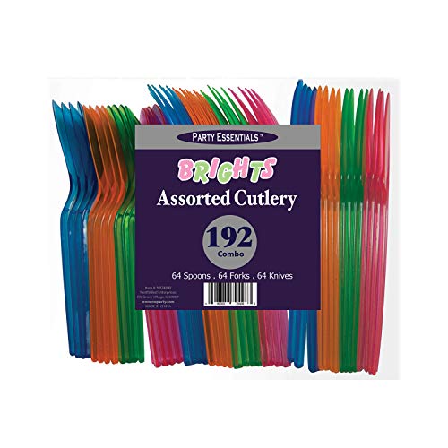 Party Essentials Heavy-Duty Hard Plastic Cutlery Combo Pack, 96 Pieces/32 Place Settings, Assorted Neon Brights - size: 96 Pieces/32 Place Settings