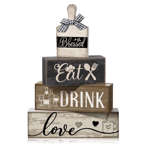 Moucuny 4 Pcs Farmhouse Kitchen Decor Wooden Plate Farmhouse Table Decor Black Brown and White Plate Tableware Centerpiece Rustic Decorative Plates Block Sign for Display Cabinet Kitchen Decoration - style: Farmhouse