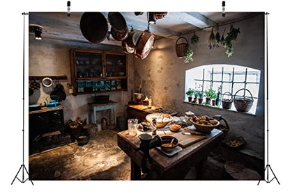 BELECO 12x8ft Fabric Rustic Old Rural Farmhouse Kitchen Interior Backdrop Western Inn Restaurant Kitchen Utensils Dining Table Cooking Background Countryside Theme Church Event Portrait Photo Props
