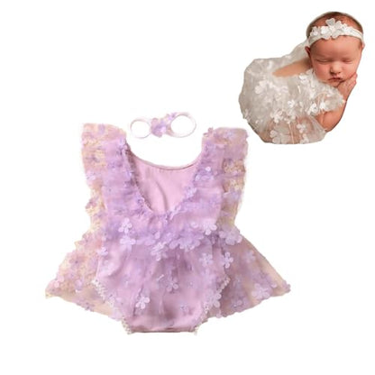 Newborn Photography Outfits Girl Baby Photo Tutu Dress Newborn Photoshoot Romper Baby Picture Lace Outfit - color: Purple