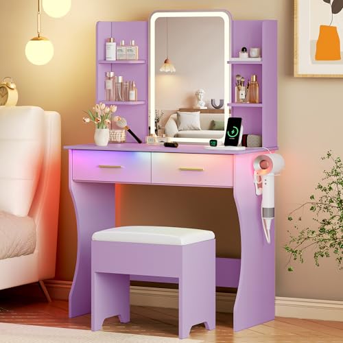 Vanity Desk with LED Lights Mirror & Power Outlet, Small Makeup Vanity Table Set with Storage Drawers & Chair, 3 Lighting Modes & Adjustable Brightness, Dressing Table for Women Girls Bedroom, Purple - color: Purple, size: 2 Drawers